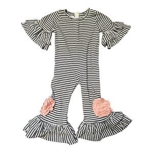 Blossom Couture Grey White Stripe One Piece Ruffle Rose Romper Girls Size 2-3T